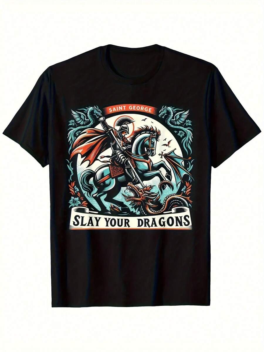 Men's T-Shirt With A Design Of A Medieval Knight And A Dragon Slayer - Print Of St. George Fighting A Dragon With The Phrase "SLAY YOUR DRAGONS" - Design Of A Heavily Armed Knight On Horseback - Black Short-Sleeved Crew Neck T-Shirt Ideal For Costume Events. - 黑色 - 查看 1