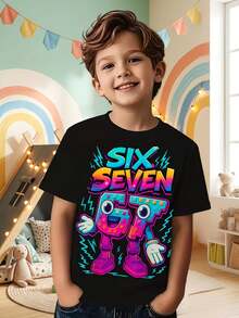 Una camiseta gráfica vibrante para niños con diseños de SIX SEVEN y Robot 67, con una parte superior negra adornada con símbolos de rayo, perfecta para la moda casual, que emite un look vivo y elegante - Negro - Ver 6
