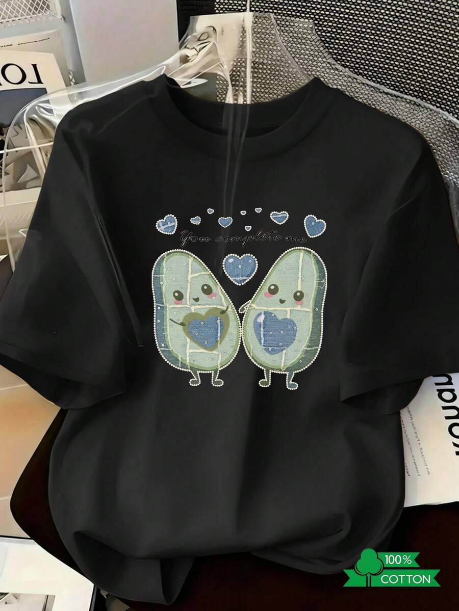 New 2026 Collection: Cotton T-Shirt With Anime Letter Print, Women's Round Neck T-Shirt, Simple Design, Comfortable And Breathable, Stylish And Versatile, Suitable For Sports And Leisure, A Must-Have For Summer, Local Shipping, Cartoon Avocado Blue Heart Print, Lightweight Cotton. - 黑色 - 查看 1