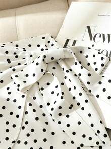 Falda mini acampanada de talle alto con lunares marrones y lazo/Cintura ceñida estilizante/Falda casual/de trabajo - Blanco - Ver 4