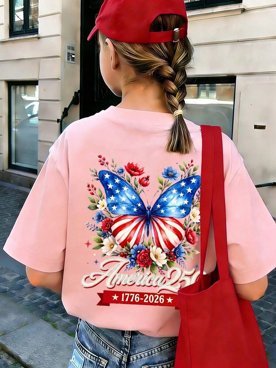 少女休闲趣味印花圆领短袖T恤,夏季上衣 - 粉色 - 查看 1