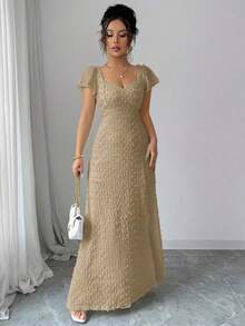 Vestido largo elegante y delgado de unicolor con espalda descubierta, lazo y mangas de loto con abertura alta, para vacaciones y citas en primavera/verano - Caqui - Ver 7