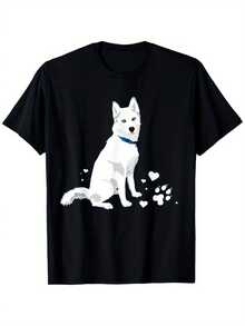 Men's White Short Sleeve T-Shirt With Siberian Husky Dog Breed Design - Crew Neck, Casual Style, Medium Elasticity Fabric, Ideal For Casual Wear And Dog Lovers - 黑色 - 查看 2