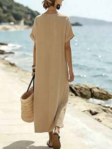 Holidaya Vestido de mujer de manga corta de longitud media con cuello de corbata, bolsillo suelto y textura de tela de color albaricoque para uso diario, viajes y vacaciones. Vestido largo de mujer estilo resort, vestido casual de verano Zanzea para mujer. Vestidos casuales largos para mujer en color azul claro, azul bebé y turquesa. - Caqui - Ver 2
