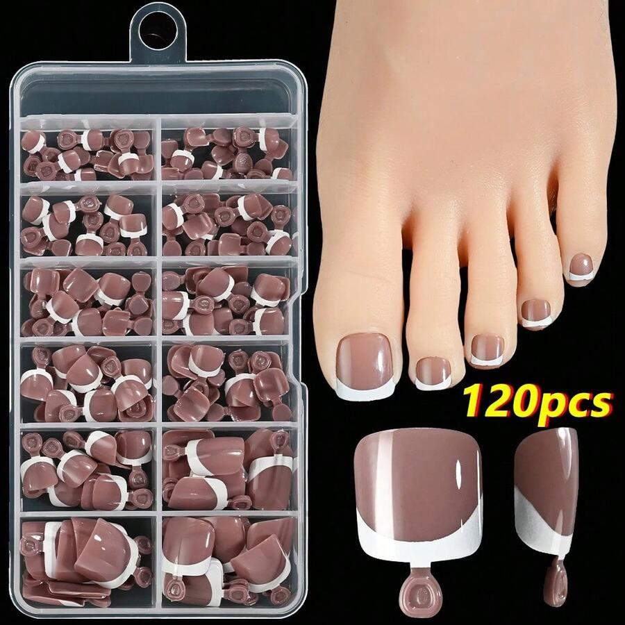 120-Piece French Manicure Set In 9 Colors, Short Square Style, Full Coverage Press-On Nails In Summer Pink And Glossy Brown. - 黑與白 - 查看 1