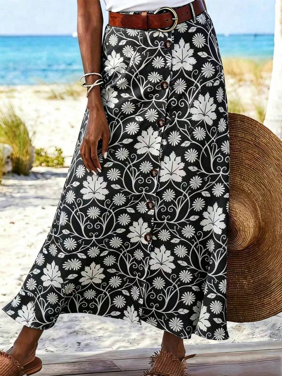Women's Casual Allover Print Front Button Skirt Vacation - Black - View 1