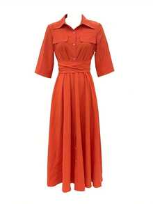 Vestido casual elegante de unicolor con botones delanteros para mujer, adecuado para vacaciones, uso diario, oficina, fiesta, concierto - Verde - Ver 9