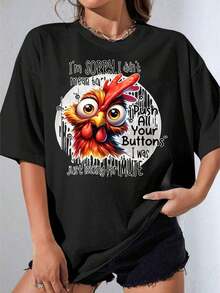 Women's Black And White Cotton T-Shirt With White Chicken Face Print And Funny Text: "Sorry, I Didn't Mean To Push All Your Buttons, I Was Just Looking For Something Casual And Discreet For Women And Men, For Outdoor Parties, Casual Printed T-Shirt. - 黑色 - 查看 4