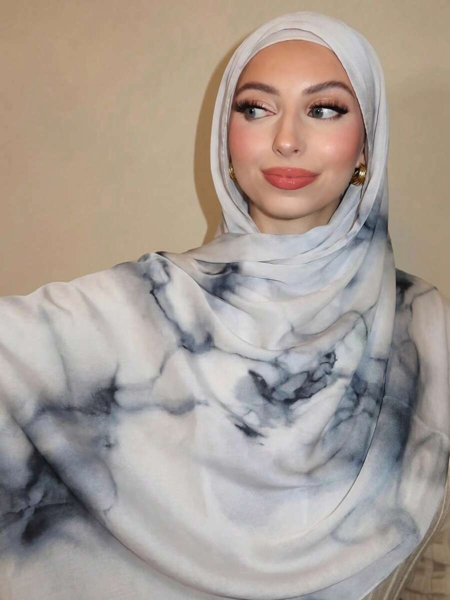 1pc Women's Bohemian Style Watercolor Marble Water Ripple Print Scarf, Suitable For Daily Wear - White - View 1
