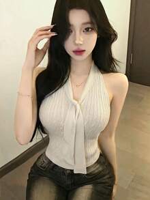 新款春夏韓系杏色緞帶無袖掛脖蕾絲拼接修身背心，優雅設計修身顯瘦，美感風格 - 杏色 - 查看 6