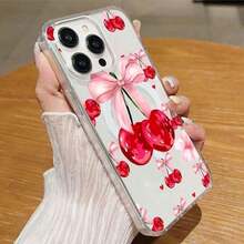 1pc Red Flower & Cherry Magnetic Adsorption Phone Case Suitable For IPhone 17 Pro Max, 16, 15, 14, 13, 12, Fresh Design - Clear - View 2