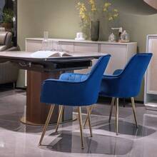 Dining Chair Set Of 2 – Modern Fabric Chair With Armrests And Gold-Plated Metal Legs. Luxurious Dining Room Furniture For Living Room, Kitchen & Reception Room - 藍色 - 查看 5