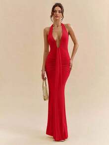 xheSHEIN  Vestido maxi elegante con cuello halter y escote profundo en V, de color amarillo crema, para mujer, para primavera/veranoxhe - Rojo - Ver 5
