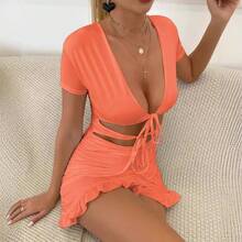 Vestido sexy escote profundo con calados y volantes, ajustado, bestseller femenino - Naranja - Ver 14