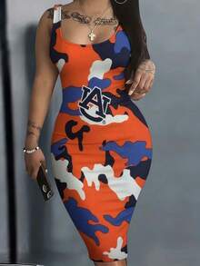 Orange Blue White Camouflage Auburn Elegant Women's 3D Printed Slim Fit Dress Suitable For Daily Commuting, Parties, Vacations, Travel, Fashionable - style - 查看 2