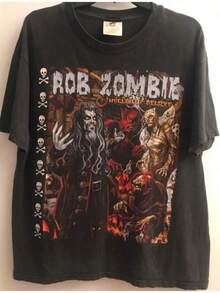 Vintage 1998 Rob Zombie Hellbilly Deluxe Tour Cotton T-Shirt - Black Graphic Tee With Skull And Monster Print, Casual Bohemian Style, Short Sleeve, Soft And Comfortable Fabric For All Seasons - 黑色 - 查看 11