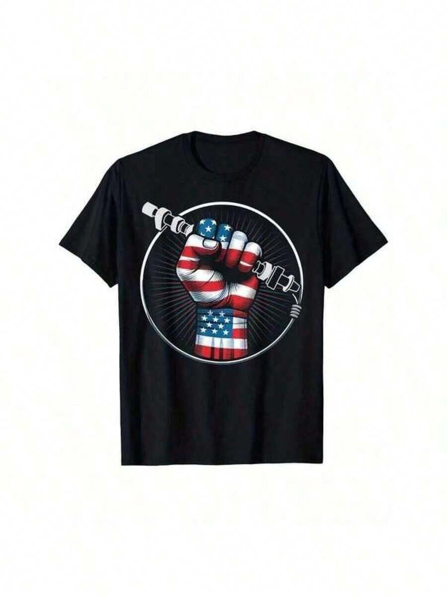 Patriotic US Flag Graphic T-Shirt For Men And Women - 100% Cotton, Short Sleeve Black With American Flag Design, Casual Outdoor And Everyday Wear, Sizes S-XXXL, American Flag Clothing - 黑色 - 查看 1