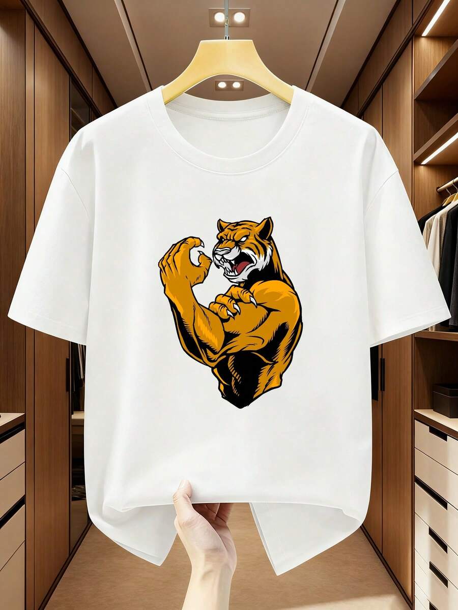 Men's Size T-Shirt, 100% Cotton, Short-Sleeved, Crew Neck T-Shirt With A Bold Tiger Graphic, Showcasing Individuality And Style; Comfortable And Casual Short-Sleeved T-Shirt For Summer, SIZE - 白色 - 查看 1