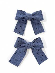 2pcs Women's Solid Color Denim Cute Bow Hair Clips, Suitable For Daily Wear,Hair Barrettes - Dark Blue Polka Dots - View 3
