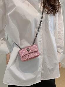 1个2026新款女士纯色金属迷你链条斜挎包，休闲夏季时尚PU奢华单肩包，带口红袋、耳机收纳袋、零钱包，简约晚宴包，适合日常通勤、聚会、约会、工作、购物等多种场合。 - 粉色 - 查看 6