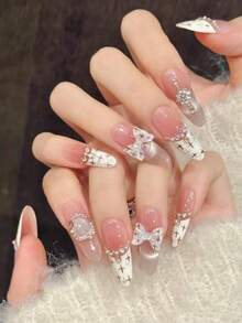 10PCS Long Oval /Stiletto Handmade Press On Nails For Party And Daily Wear,Pink Nails,Cute Bow,Shiny Cat's Eye,Shiny ,Summer Nails,Easy To Wear 10pcs Y2K Handmade Press On Nails,Suitable For Girls And Women Festivals Parties And Daily Wear.Great - Pink - View 5