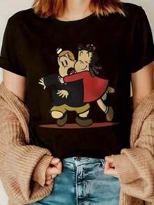 Women's Y2K Style Elegant Cartoon Print T-Shirt, Short Sleeve, Round Neck, Casual Top, Suitable For All Seasons | Fashionable Casual Clothing | Fashionable Letter Print Loose Blouse - 黑色 - 查看 6