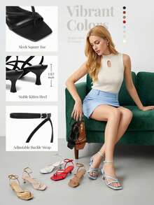 Athlefit Tacones De Mujer Strappy Kitten Heels Square Toe Ankle Strap Sandals Dressy Party Shoes - 白色 - 查看 2