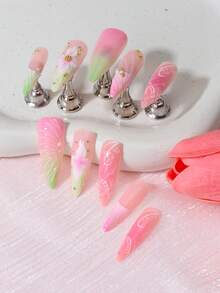 24 miếng dán móng tay hình hoa 3D màu hồng-xanh lá cây chuyển sắc, chất liệu acrylic, móng giả dán tức thì với cánh hoa 3D và đá ngọc trai vàng, phù hợp cho phụ nữ có bộ móng dài tự nhiên vào mùa hè. - Màu Hồng baby - Xem 6