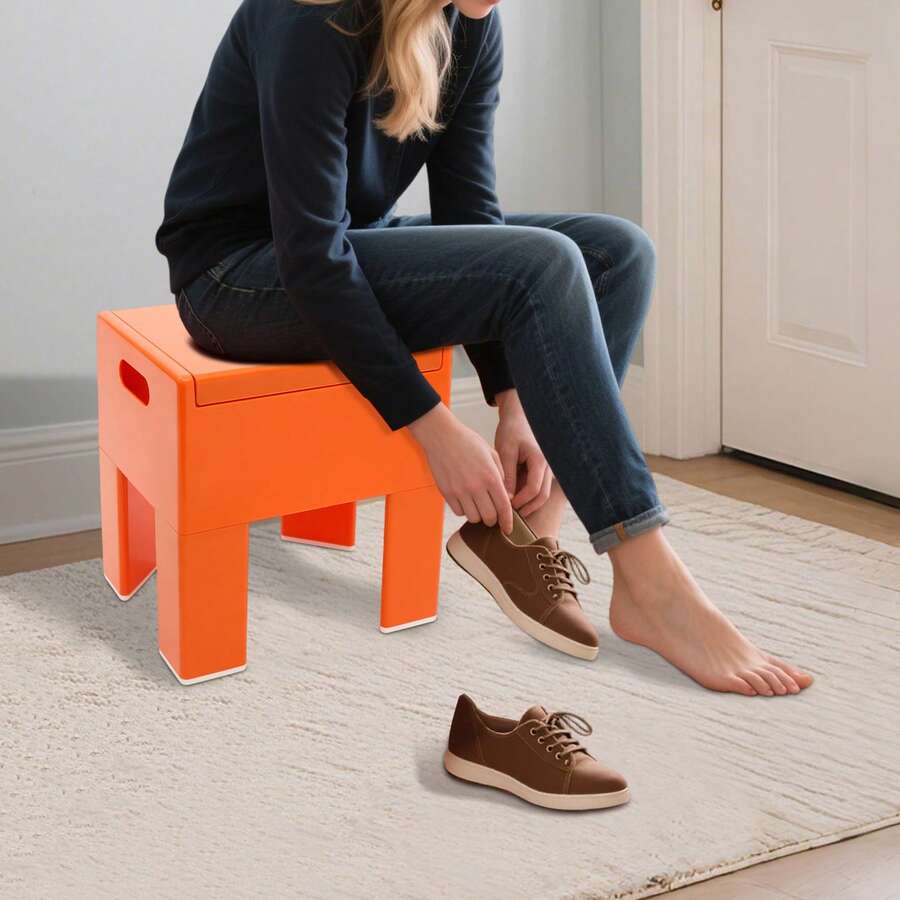 Otomana multifuncional de plástico con tapa elevable, taburete acolchado para cambiarse los zapatos en la entrada con compartimento oculto, pequeño banco de almacenamiento con asas laterales, reposapiés y organizador versátil para dormitorio y sala de estar, taburete de almacenamiento de ABS duradero con patas desmontables. - Naranja Quemada - Ver 1
