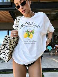 Camiseta de manga corta con cuello redondo y estampado floral "Paris Lover" para mujer, 2026, corte holgado, estilo parisino, romántico, ideal para paseos por la ciudad, citas, temporada de cerezos en flor, brunch o primavera/verano. - Weiss - Visa 4