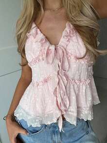 Camiseta sin mangas de mujer de unicolor con nudo delantero y plisado, versátil para uso diario - Rosa - Ver 3