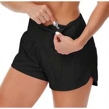 Womens High Waisted Running Shorts Quick Dry Athletic Workout Shorts With Mesh Liner Zipper Pockets - 黑色2 - 查看 4