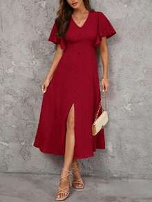 Clasi Vestido de unicolor con botones al frente, manga mariposa y abertura al muslo de longitud hasta el muslo para mujer - Burdeos - Ver 5