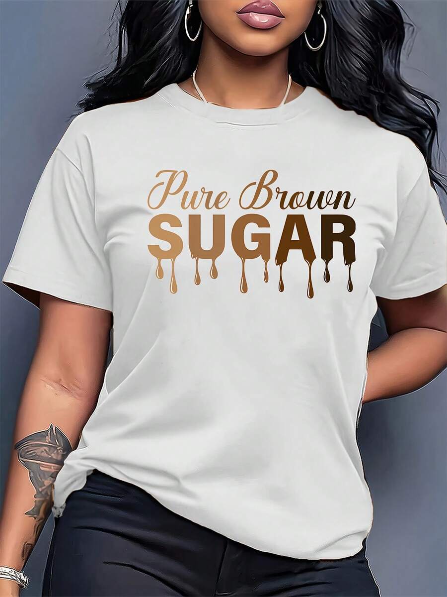 Unisex Short-Sleeved T-Shirt With A Creative Design Featuring The Words "Pure Brown SUGAR" Printed On The Crew Neck. It's Machine Washable, Comfortable, Soft, And Breathable, Suitable For Spring, Summer, And Fall. Recommended As A Loose, Casual T-Shirt. (Keywords: Men's, , Women's, Romwe Men's, Boho Chic, Teacher Gifts, Women's T-Shirt, Curvy Sets For Women, Y2k) - 白色 - 查看 1