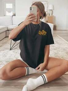 Women's Double-Sided Sunflower Print T-Shirt - Short Sleeve Crew Neck Blouse - Suitable For Casual Wear In All Seasons, Breathable Machine Washable Fabric With Sunflower Field Design, Non-Opaque Top For Layering (No Style Modification) Y2K Style Activewear, Crew Neck, 100% Cotton, Soft Fabric, Short Sleeve. - 黑色 - 查看 3