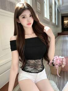 2026 Lace Patchwork Open Shoulder Knit Top, Fitted Black Short Knit Sweater, Sweet & Cool Knit Sweater For Young Ladies, Suitable For Spring/Summer Daily, Party, Music Festival, Elastic Knit Fabric, Slim Fit For Women 18-35 Years Old - Black - View 5
