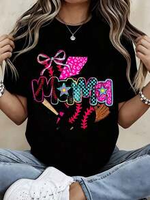 Women's Leopard Print Baseball T-Shirt, Casual Sporty Style With Bat And Glove Design, Perfect For Game Day And Everyday Wear - Vintage Urban Style, Unisex, Cotton, Short Sleeve, Crew Neck, 100% Cotton - 黑色 - 查看 7