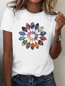 1 Women's T-Shirt With Vibrant Geometric Floral Print, Hippie Style - 100% Cotton, Comfortable Fit, Crew Neck, Machine Washable, Colorful Mandala Design, Casual Style, Suitable For All Seasons, Vacation Wear. | Geometric Floral Print T-Shirt | 180g Pure Fabric, 100% Cotton - 白色 - 查看 12