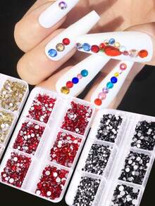 Nuevo set de decoración de uñas con 6 compartimentos que incluye cristales de Rhinestone planos y diamantes redondos - Rosa Pálido - Ver 1