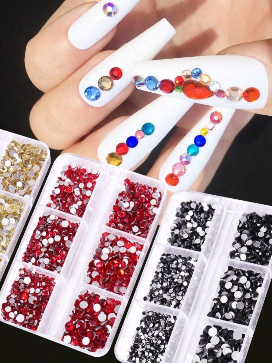 Nuevo set de decoración de uñas con 6 compartimentos que incluye cristales de Rhinestone planos y diamantes redondos - Rosa Pálido - Ver 1