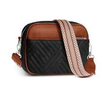 Premium Quilted Crossbody Bags For Women With Anti-Pickpocket Clip, Vegan Leather Handbags, Travel Purses For Women - 黑色和棕色提花肩帶 - 查看 8