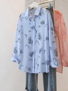YUXIN Camisa ligera y transparente con estampado tie-dye dulce para mujer, blusa holgada y transpirable de manga larga, adecuada para salidas casuales y vacaciones, primavera/verano - Neblina azul - Ver 3