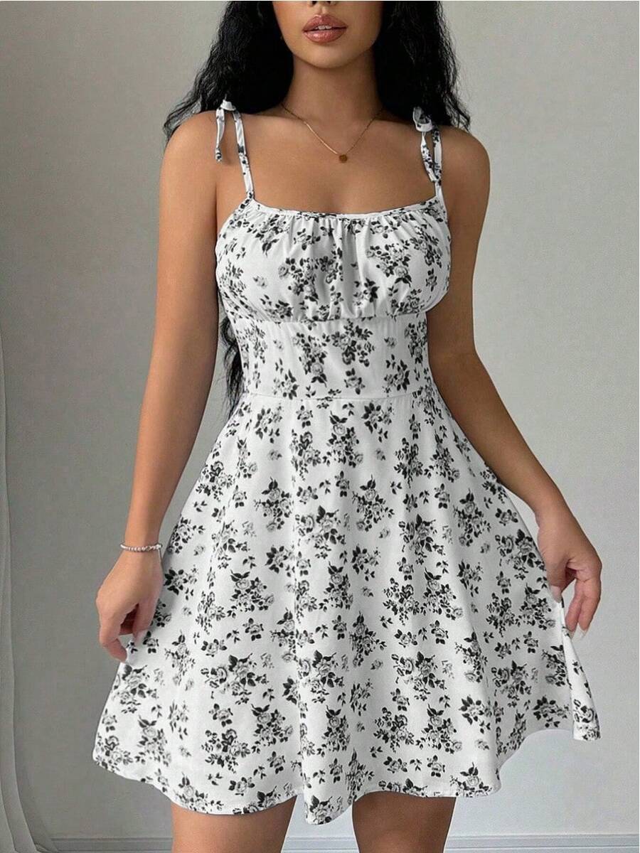 Women's Floral Print Tie Strap Mini Dress, Square Neck Ruched Bust A-Line Sundress, Casual Summer Beach Dress - 白底灰色碎花 - 查看 1
