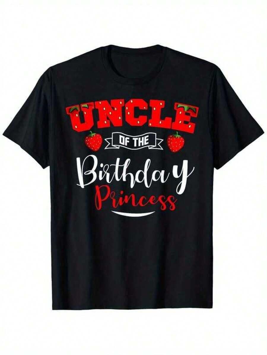 Strawberry Themed T-Shirt "Uncle's Birthday Princess", 100% Cotton, Crew Neck, Short Sleeve, Casual Black Gift For Dad, Mom, And Friends, Sizes S-XXXL, Gift For Parents | Crew Neck T-Shirt | Vibrant Design - 黑色 - 查看 1