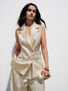 AYYAveloria Modichic Blazer de mujer versátil y elegante de diseño de alta gama con parches de organza brillante, satén y gasa de doble botonaduraAYY - Albaricoque - Ver 6