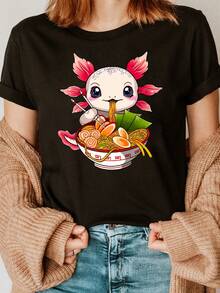 Adorable Kawaii Ramen Lover T-Shirt With  Letter Print, Short Sleeves And Round Neck, Casual Top For Summer And Spring, Women's Clothing - 白色 - 查看 6