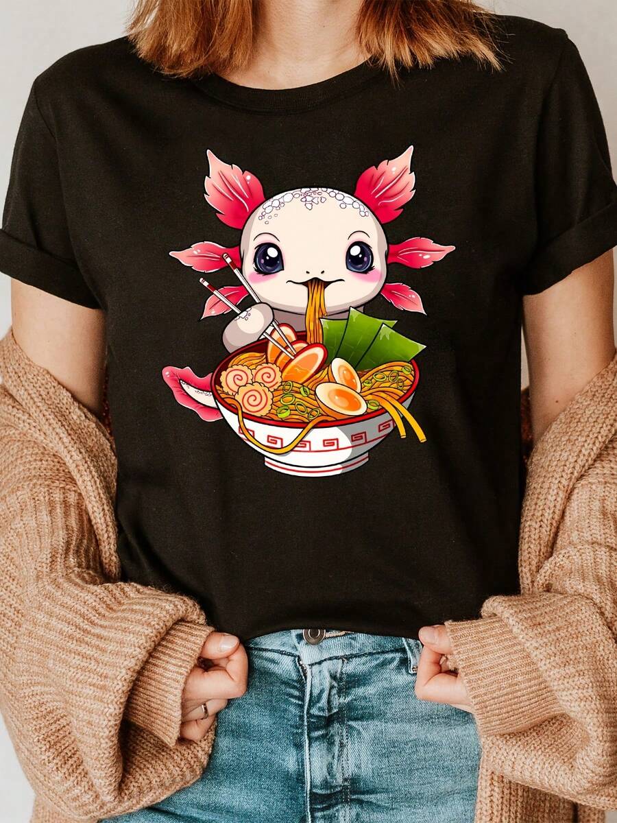 Adorable Kawaii Ramen Lover T-Shirt With Letter Print, Short Sleeves And Round Neck, Casual Top For Summer And Spring, Women's Clothing - 黑色 - 查看 1