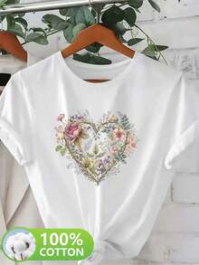 Lightweight Graphic Tees Is A Casual And Comfortable Short-Sleeved Crew Neck T-Shirt, Ideal For Spring/Summer. Made From 100% Pure Cotton, It Features A Beautiful "Flower Heart" Print. It's A Popular Choice For Everyday Wear At Work. Suitable For Spring, Summer, And Autumn. - 白色 - 查看 7