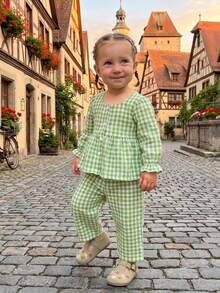 Toddler Girls Fall Outfits Plaid Square Neck Button Up Long Sleeve Shirt And Elastic Pants Set 2 Piece Clothes - Green - View 5