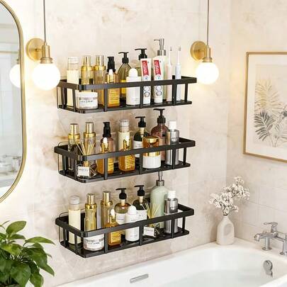 Kệ phòng tắm gắn tường không cần khoan; Giá đựng đồ phòng tắm dán tường chịu lực cao; Giỏ đựng đồ gắn tường chống thấm nước và chống gỉ